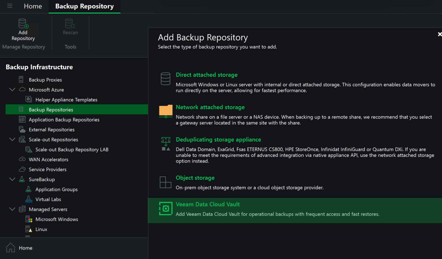 Adding a Veeam Data Cloud Vault repository in the Veeam Backup & Replication console