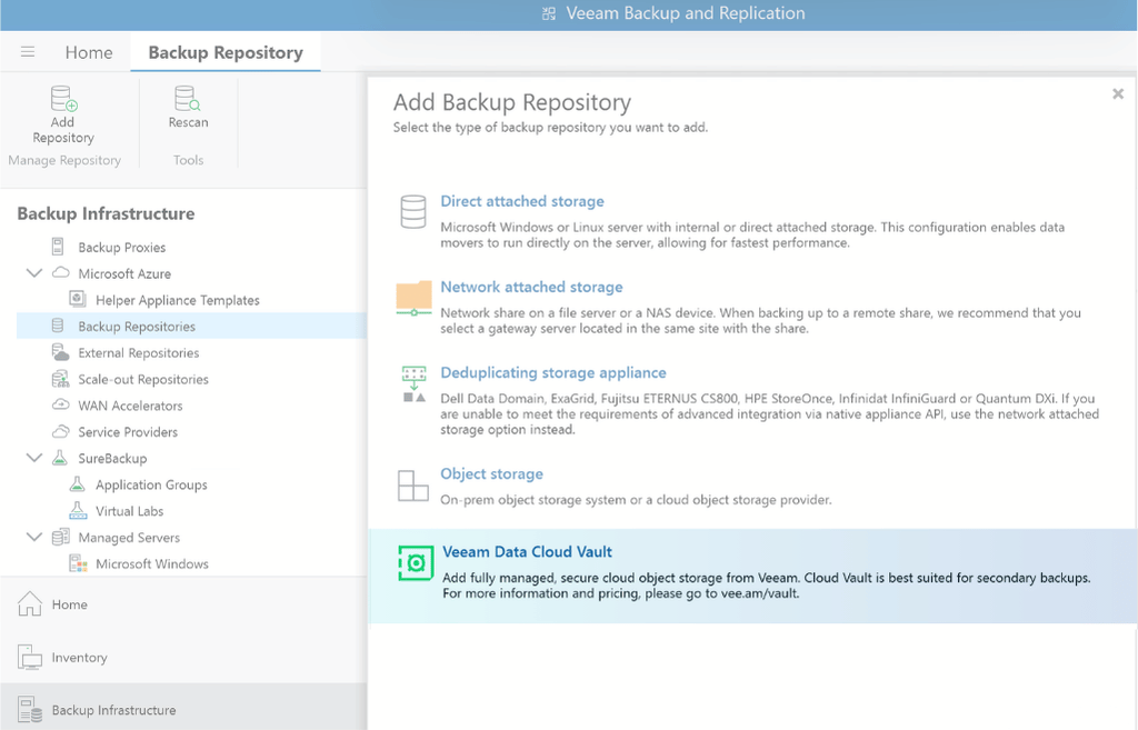 Dodawanie repozytorium Veeam Data Cloud Vault w konsoli Veeam Backup & Replication